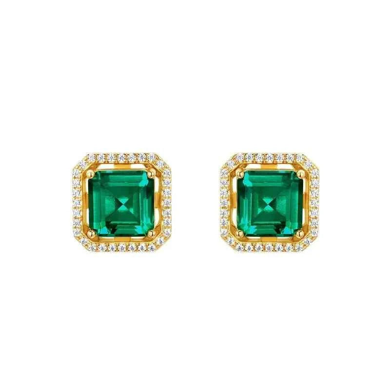 Elegant S925 Silver Emerald Stud Earrings Geometric Design
